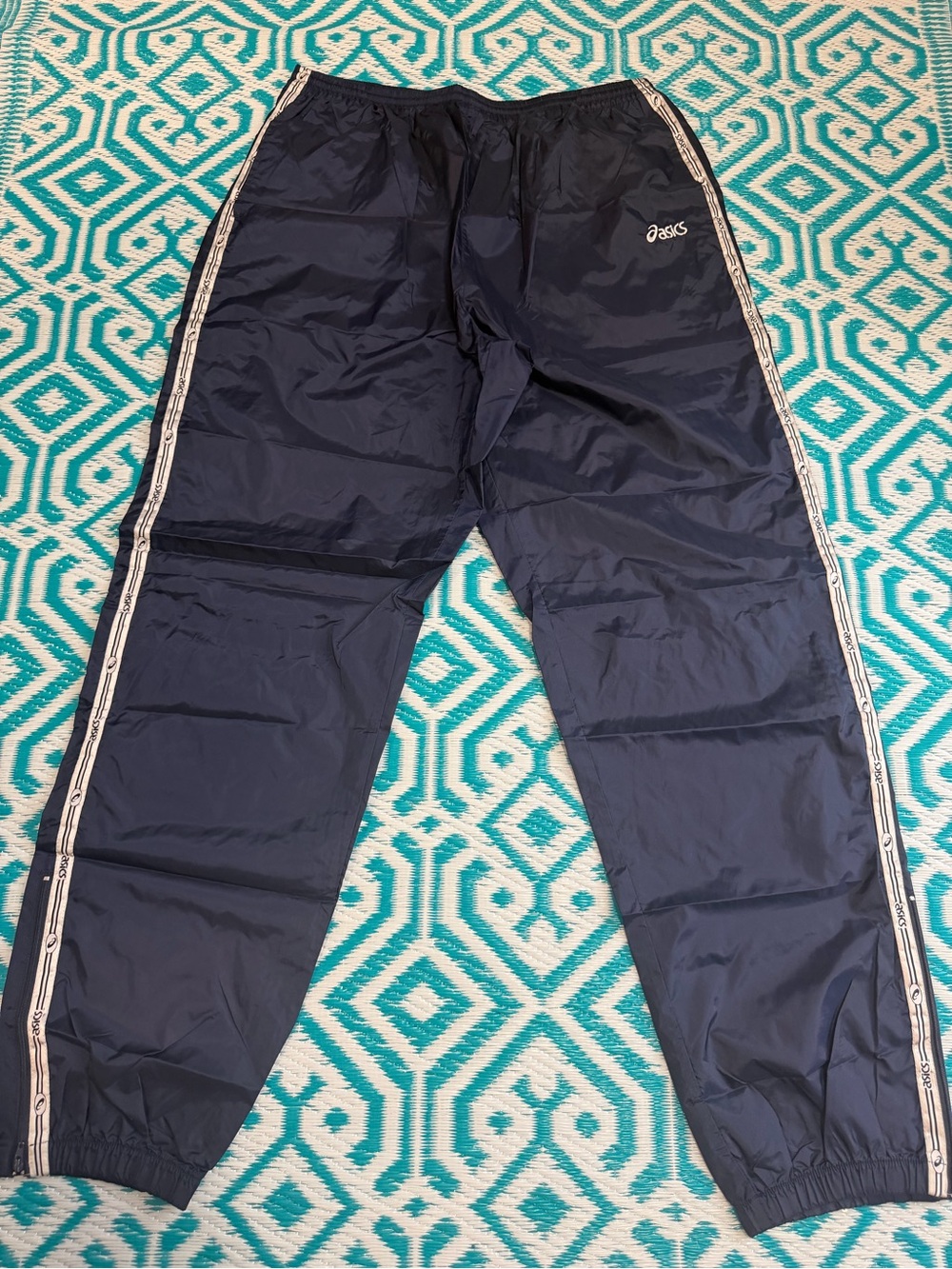 ASICS Men’s XL Navy Blue Nylon Track Pants Logo Tape Zip Ankle Vintage Style